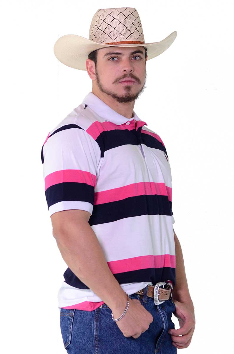 Polo Masculina Radade Listra Branco e Rosa - 1274