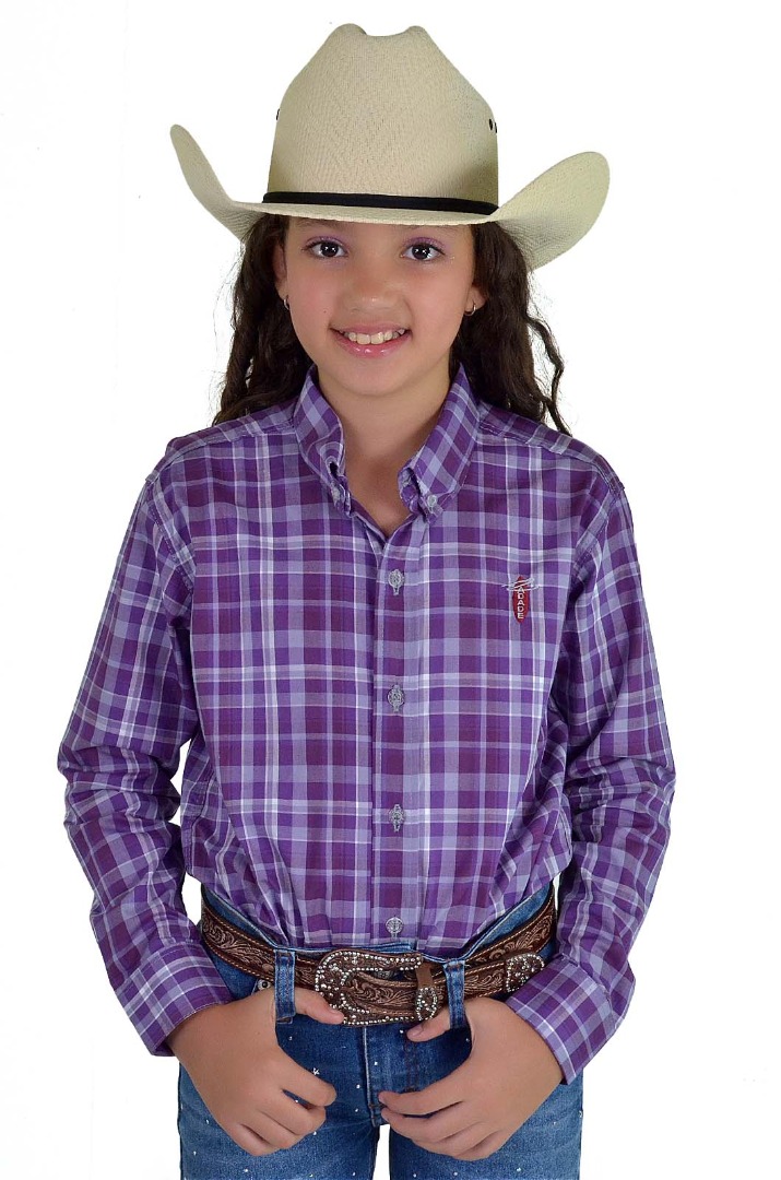 Camisa Radade Infantil Ele/Ela Manga Longa Xadrez Roxa e Branco - 1442