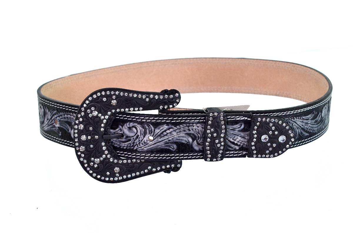 Cinto Paul Western em Couro Preto com Aplique em Strass e Fivela - PW362